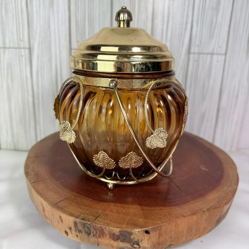 Vintage Amber Glass Musical Biscuit Jar Swan Lake Japan Gold Grape Filigree